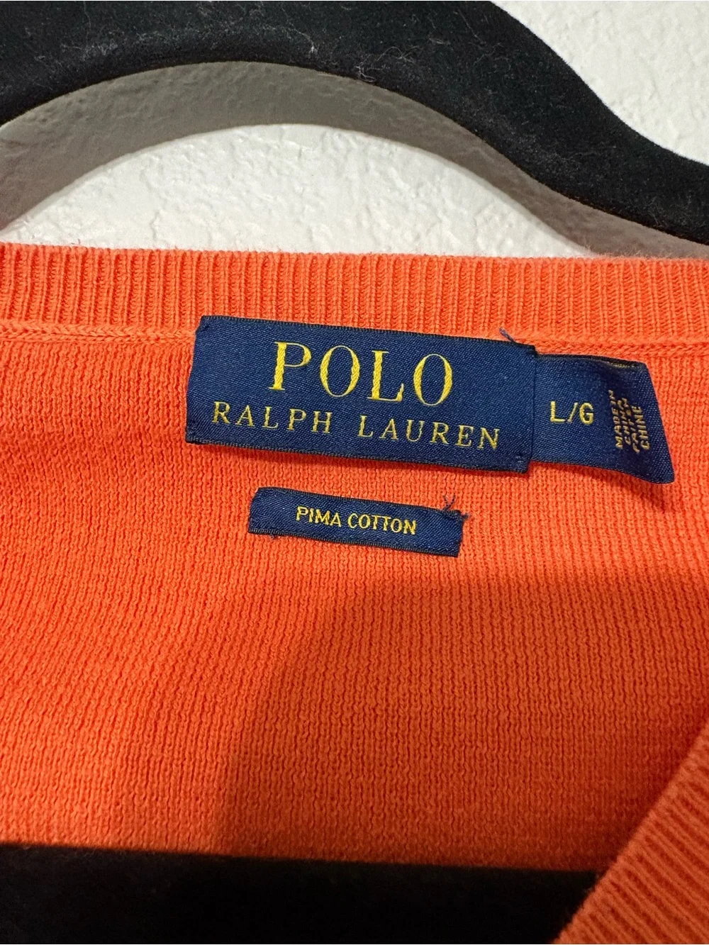 Men’s Polo Ralph Lauren Orange V-Neck Pima Cotton Sweater with Green Pony L